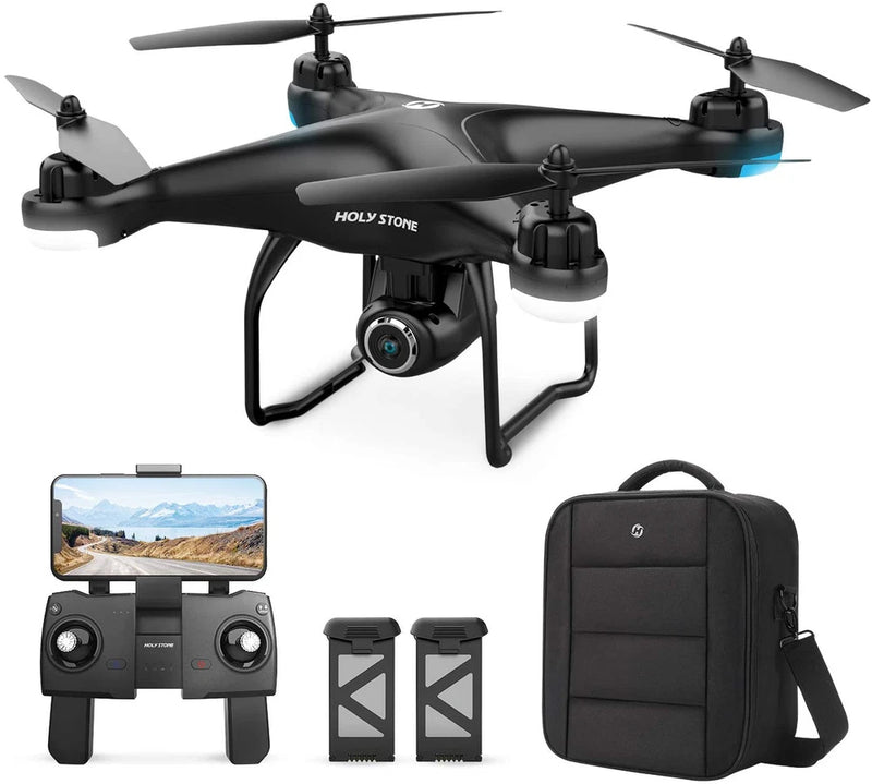 Holy Stone GPS drone with camera, remote controller, spare batteries, and carry bag
