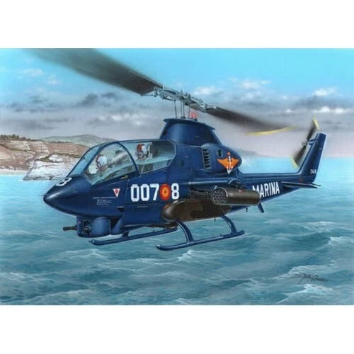Blue military helicopter model with open cockpit, tail markings and number 00708