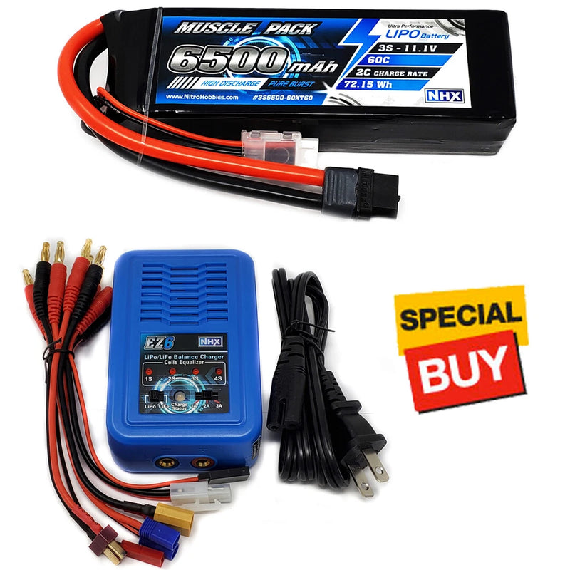 NHX Muscle Pack 3S 11.1V 6500mAh 60C Lipo Battery w/ XT60 / EZ6 Charger Battery