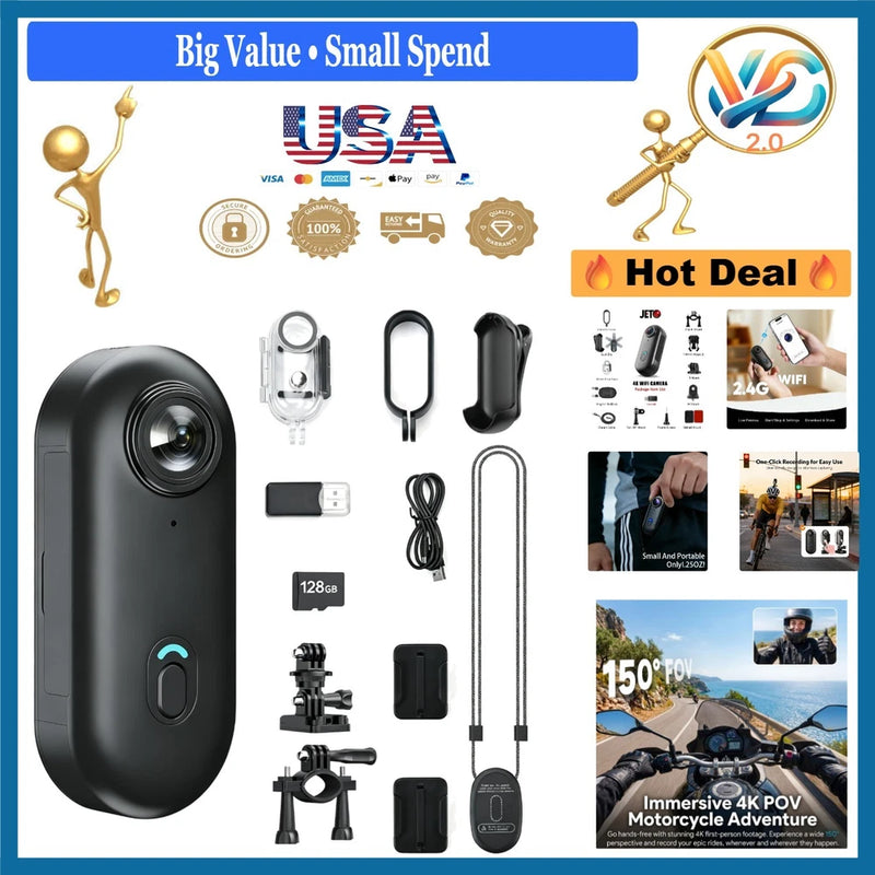 4K Mini Body Camera 128GB Waterproof WiFi Action Camera for Travel Cycling