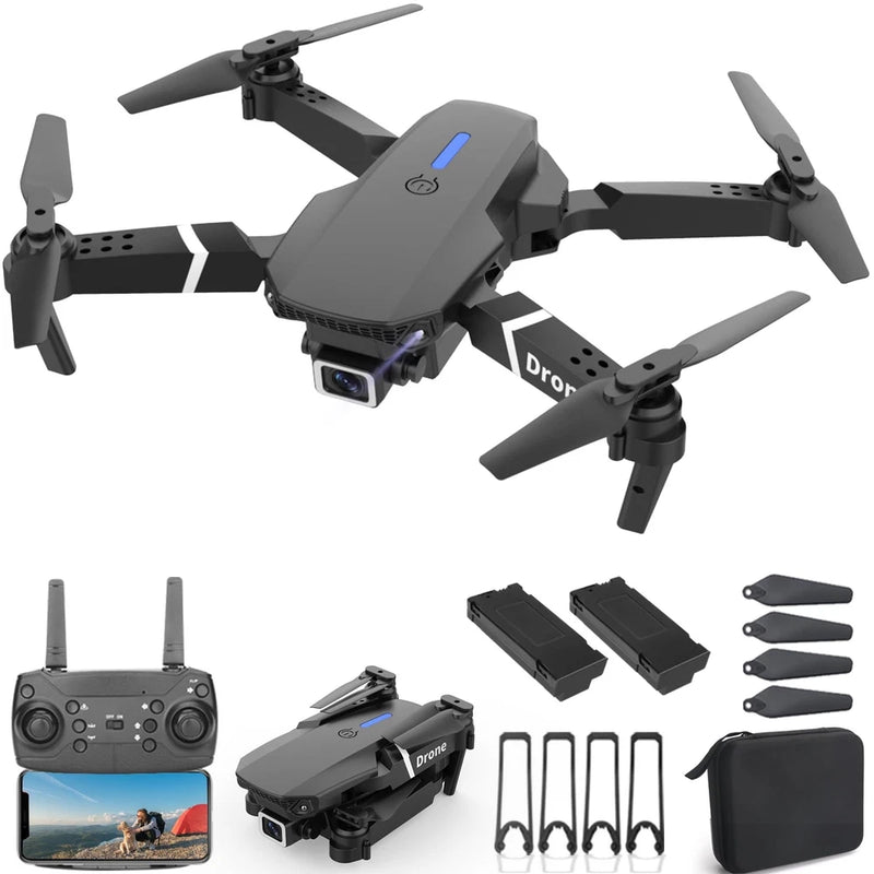 Foldable quadcopter drone with built-in camera, propellers, and remote controller