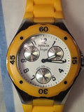 Orange unisex wristwatch with silver dial, black subdials, and round bezel