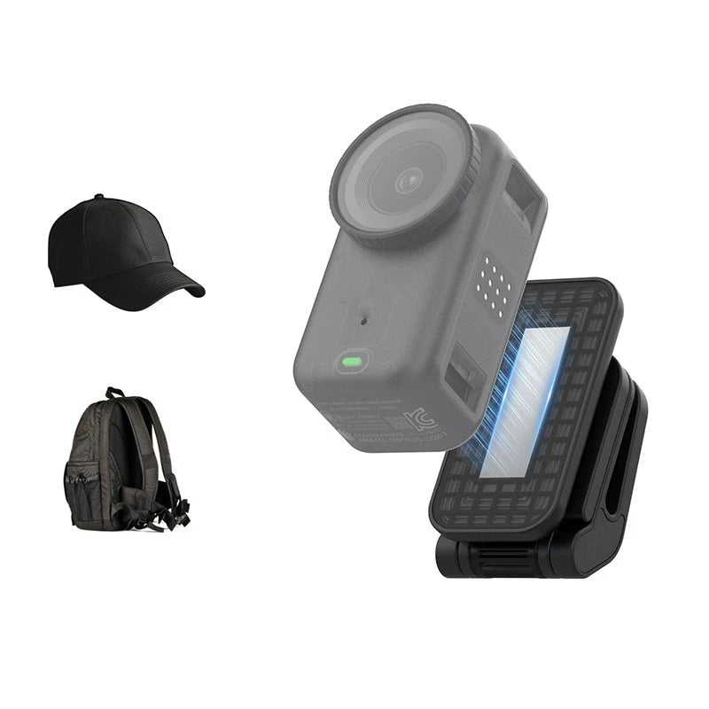 Adjustable hat brim and backpack clip mount with grey camera holder, black base