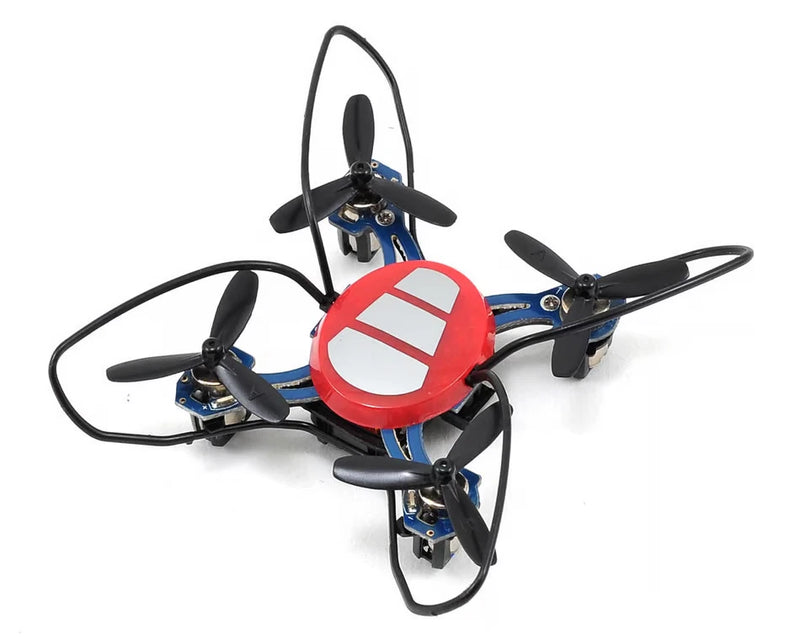 Red mini quadcopter drone with four black propellers and central white logo