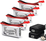 4-pack LiPo batteries with JST connectors, red/black wires, and USB chargers