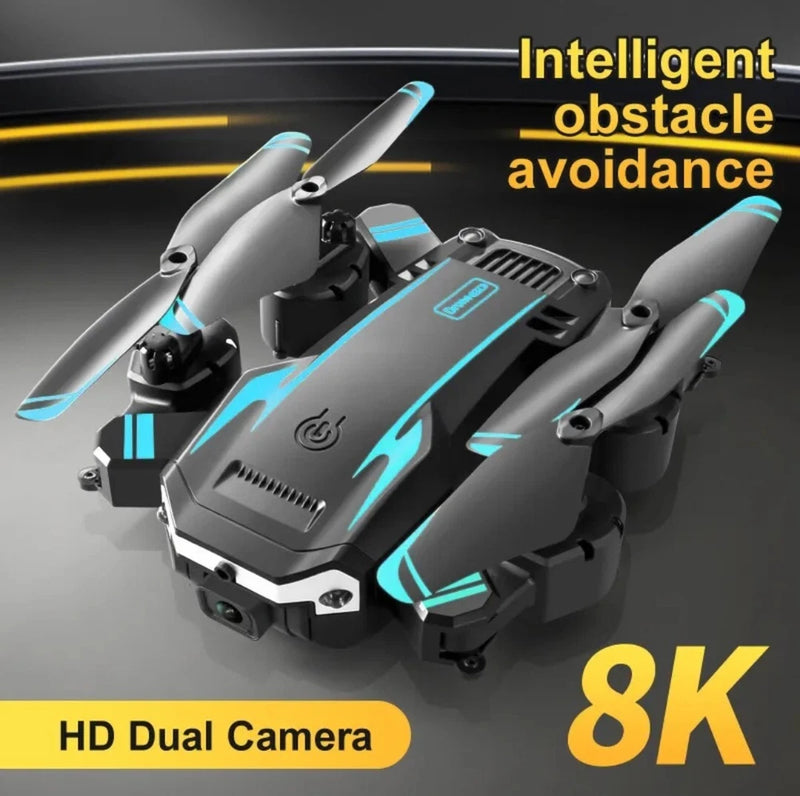 Gray quadcopter drone with blue LED accents and dual camera module, propellers visible