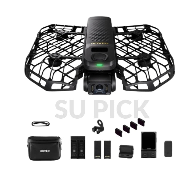Black drone with protective cage and beacon, with case and spare battery packs