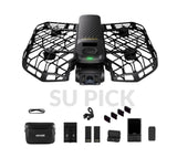 Black drone with protective cage and beacon, with case and spare battery packs