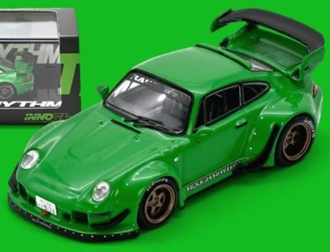 INNO64 green 1/64 die-cast model car with rear spoiler and black wheels