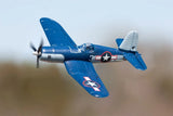 Blue RC Corsair airplane with propeller, star-marked wings, and pilot-assist design