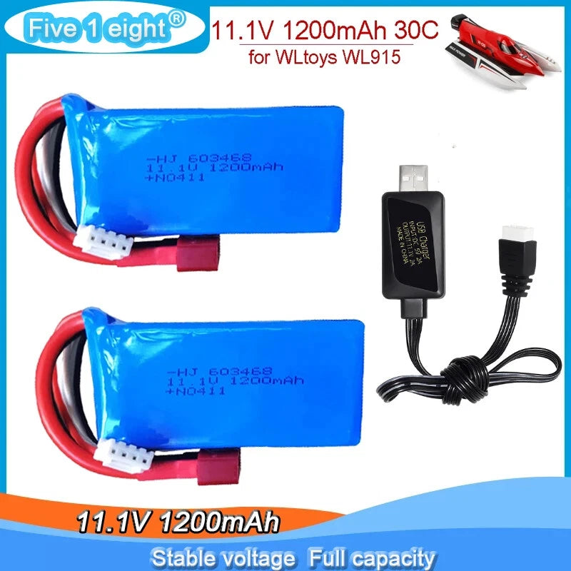 11.1V 1200mAh LiPo battery pack with T-plug, two blue cells and red lead wiring