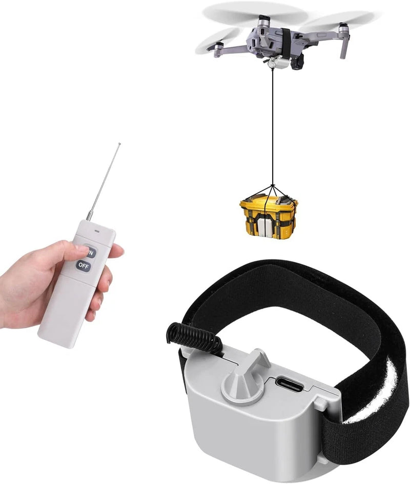 Drone airdrop dropper with black strap and gray controller box, shown with wireless remote