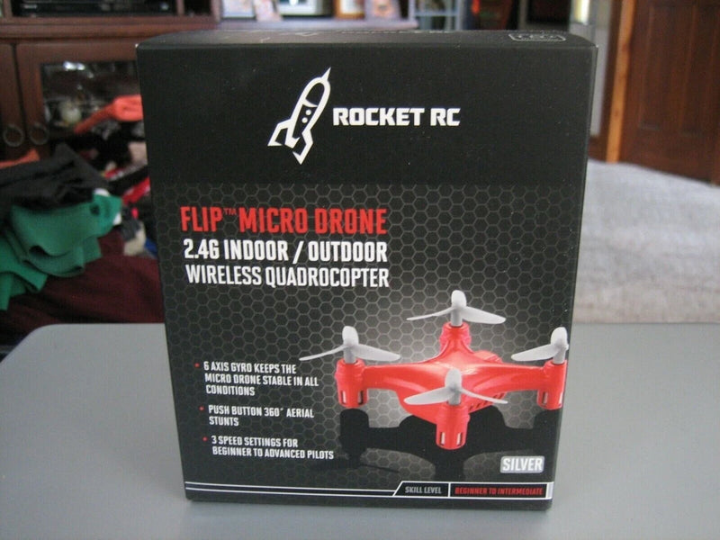 Rocket RC Flip Micro Drone retail box with red quadrocopter illustration