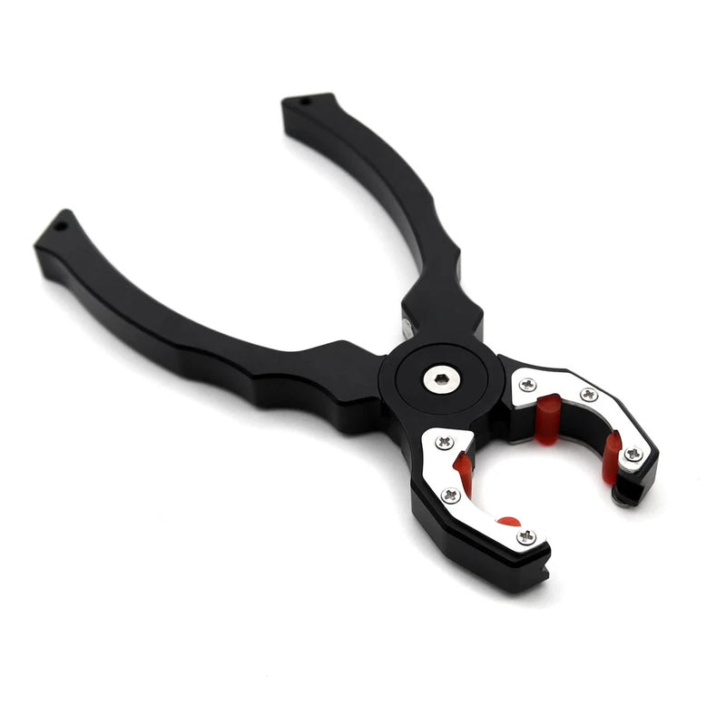 Multifunction plier tool with fixed clamp and wrench, black handles, red adjust knobs