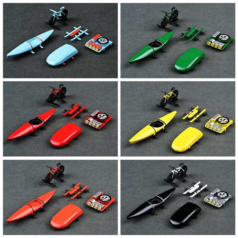 1:64 miniature car-top accessories set with bikes, kayaks, and board cargo pieces