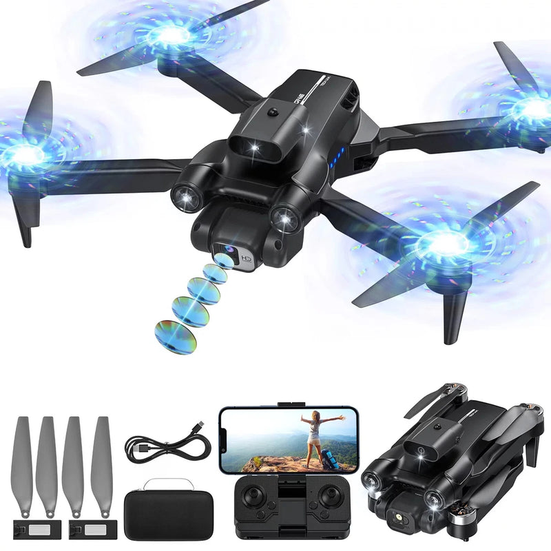Black quadcopter drone with camera, propellers, and remote controller with screen