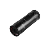 Black cylindrical sports action camera camcorder with lens front and side buttons, built-in screen