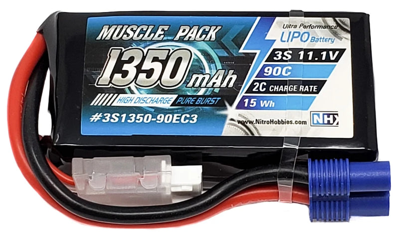 RC LiPo battery pack with blue EC3 connector and red/black leads, label on top