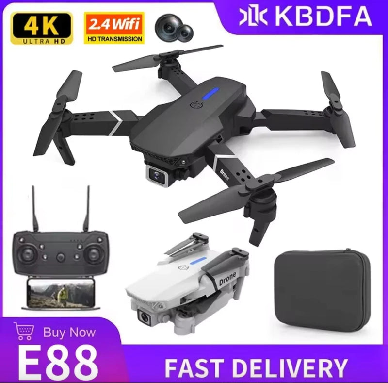 Foldable mini quadcopter drone with camera, remote controller, and carrying case