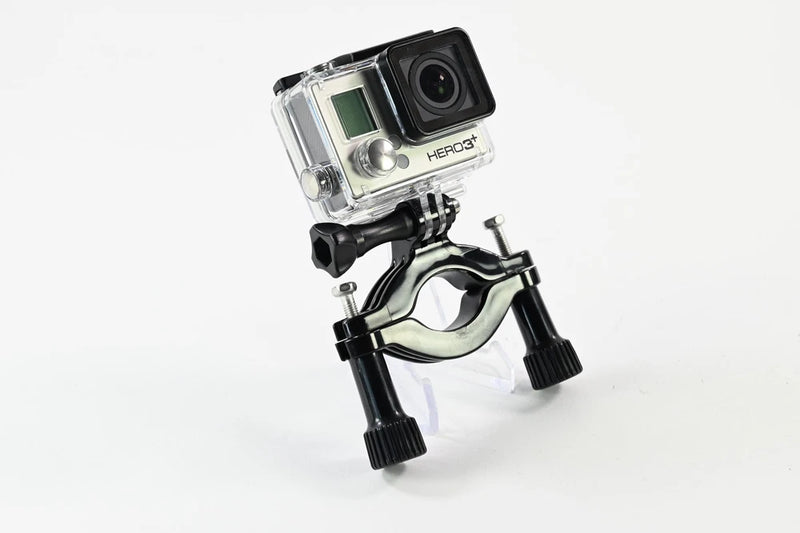 GoPro Hero3+ silver action camera in clear waterproof case, mounted on handle