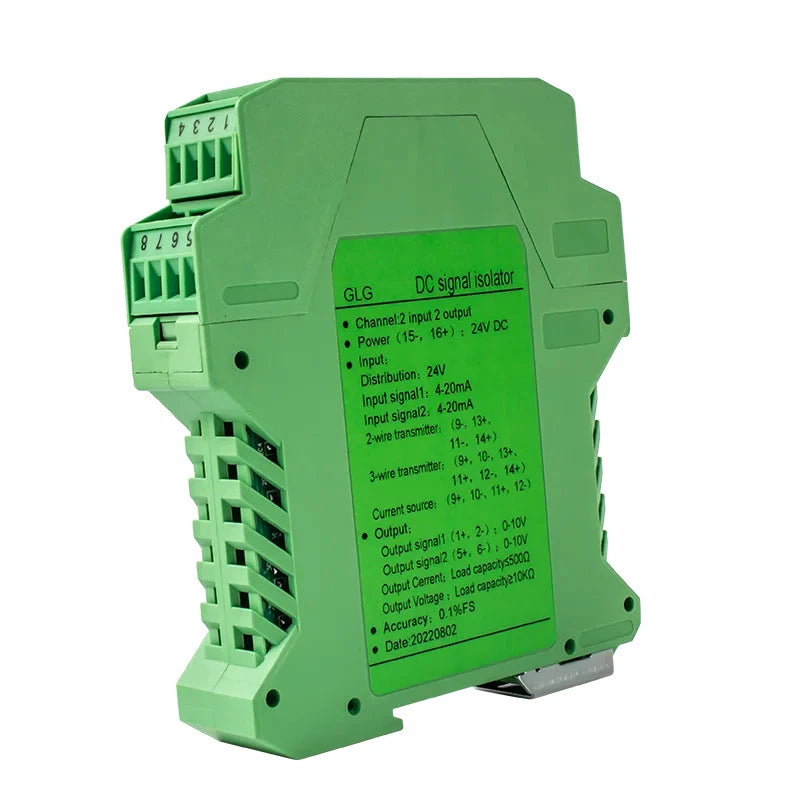 Green DIN-rail signal isolation transmitter with terminal blocks and label