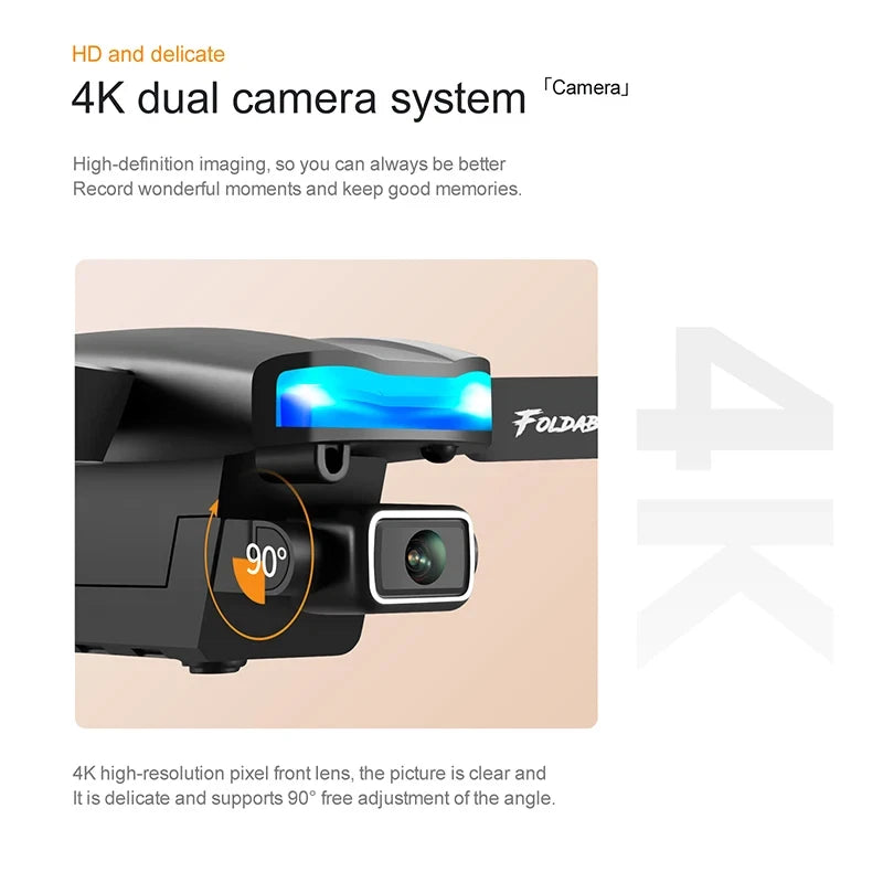 Professional RC drone front with dual camera lenses and blue LED light