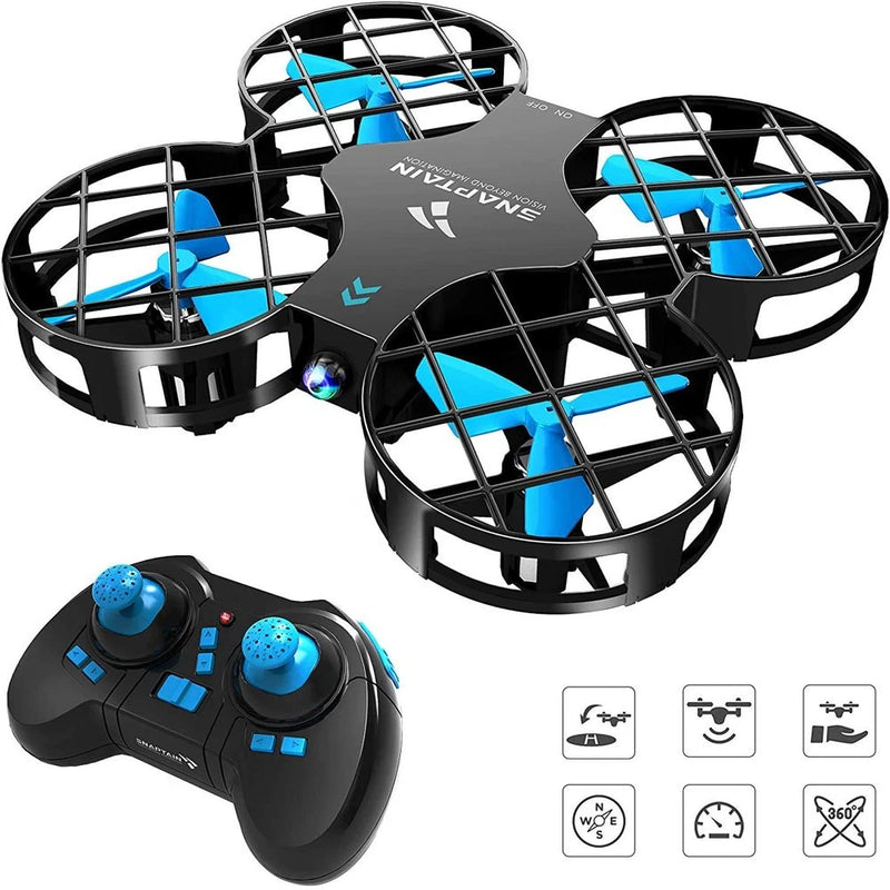Black mini quadcopter drone with blue prop guards and handheld radio controller