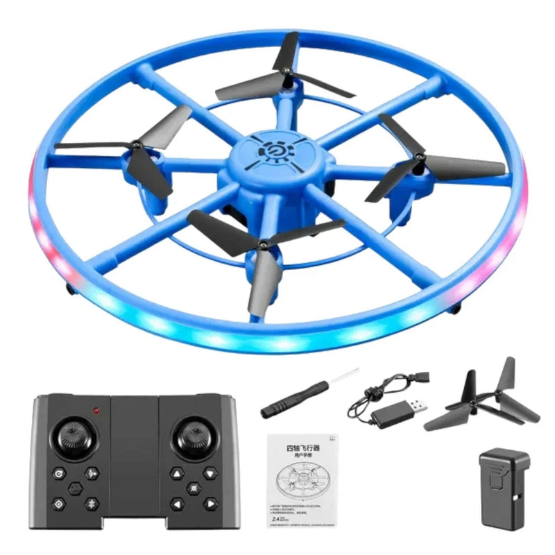 Blue mini RC quadcopter drone with LED light ring, controller and battery shown