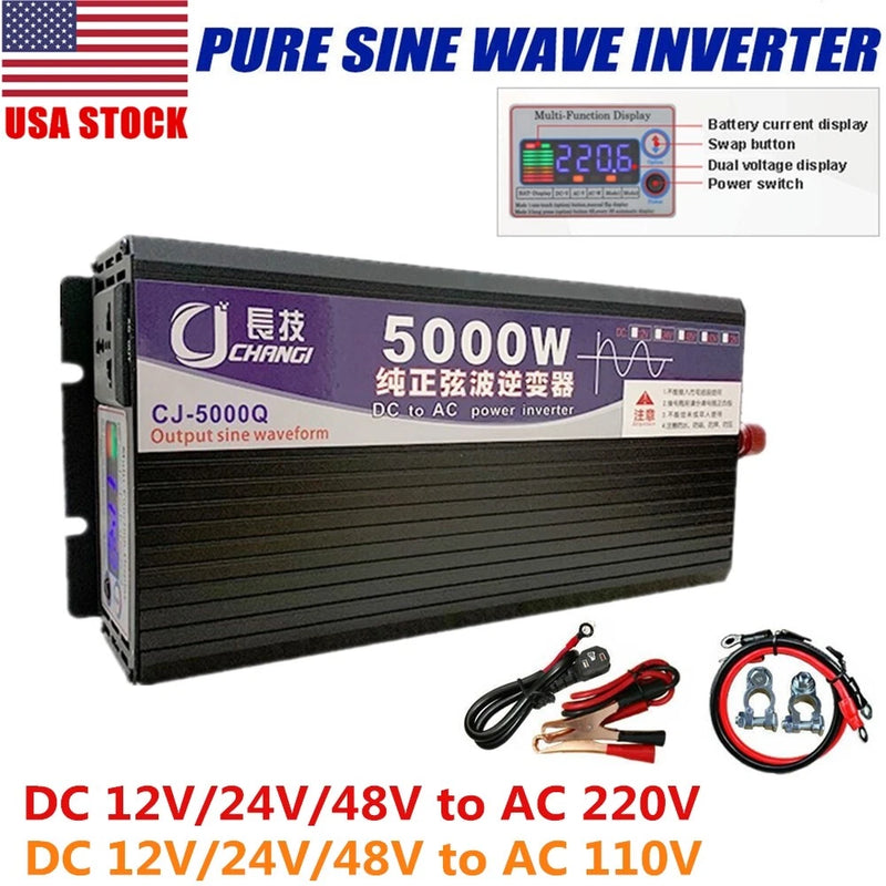 Pure Sine Wave Power Inverter 5000W Converter DC 12V/24V/48V To AC 220V OR 110V