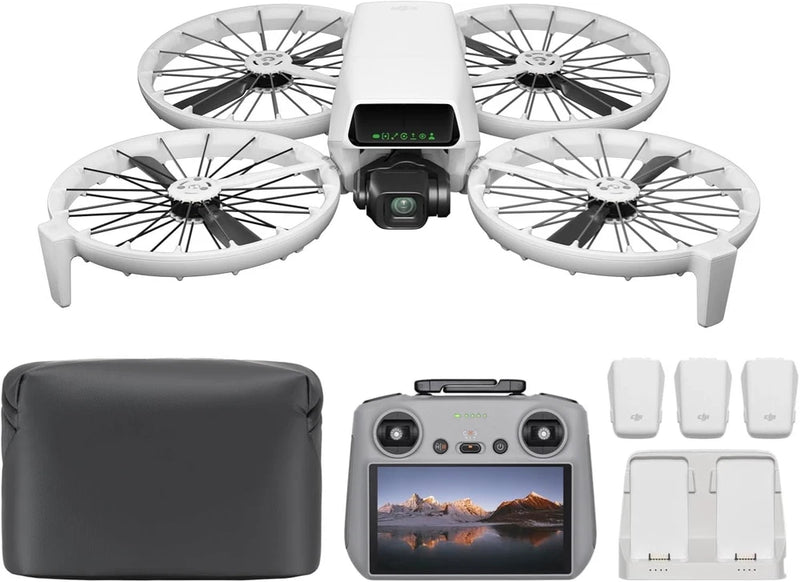 Foldable drone with remote controller, propellers, batteries, and black carrying pouch