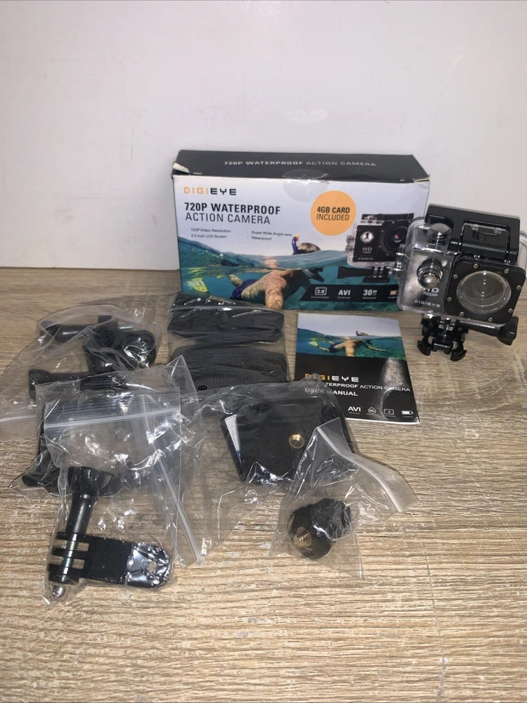 Waterproof 720P action camera kit with 4GB card and accessories, in retail box