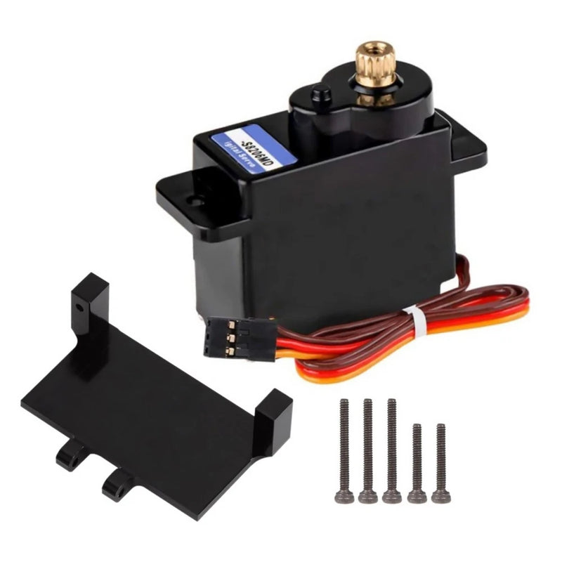 Black RC digital servo mount base kit with servo, wiring leads, and mounting screws
