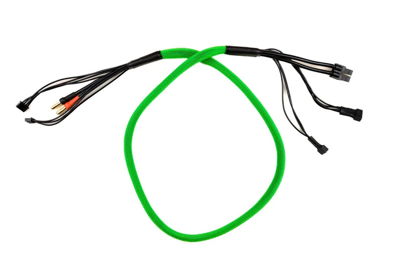 Green and black battery charge cable with multiple connectors, 3 ft