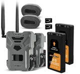 Dark gray Spypoint trail camera kit with two cameras, memory cards, and mounting straps