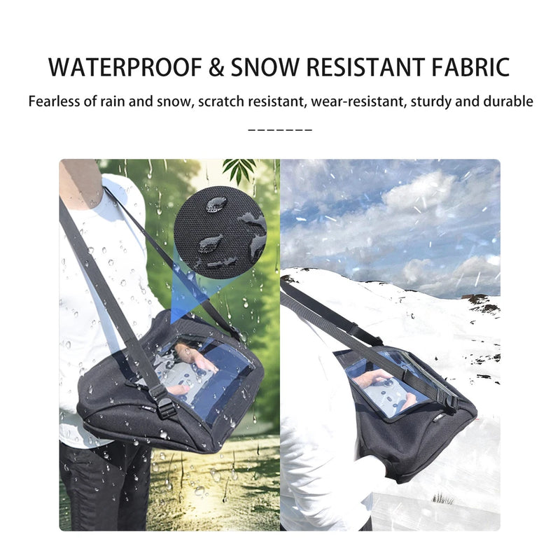 Black waterproof touchscreen gloves for drone controller, worn with controller strap