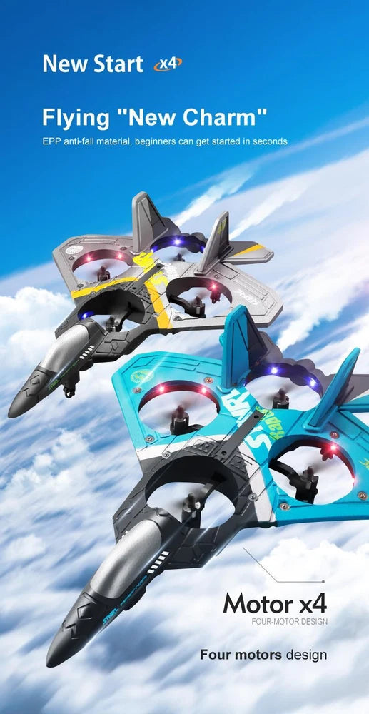 Remote control fighter jet plane with four motor lights and blue cockpit