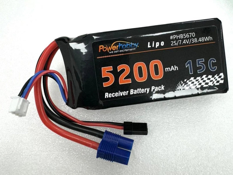 Power Hobby - 2S 5200mah 15C LiPo Battery w/EC3 & JR Connector Receiver Pack