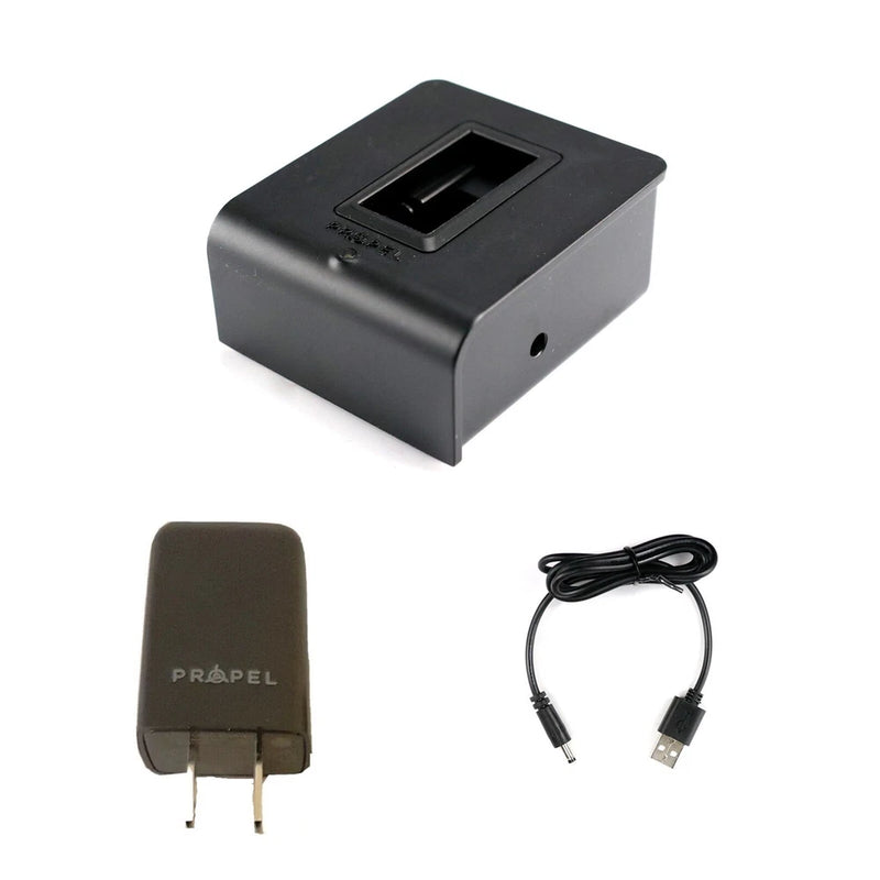 Black battery charger cradle with USB cable and two-prong plug