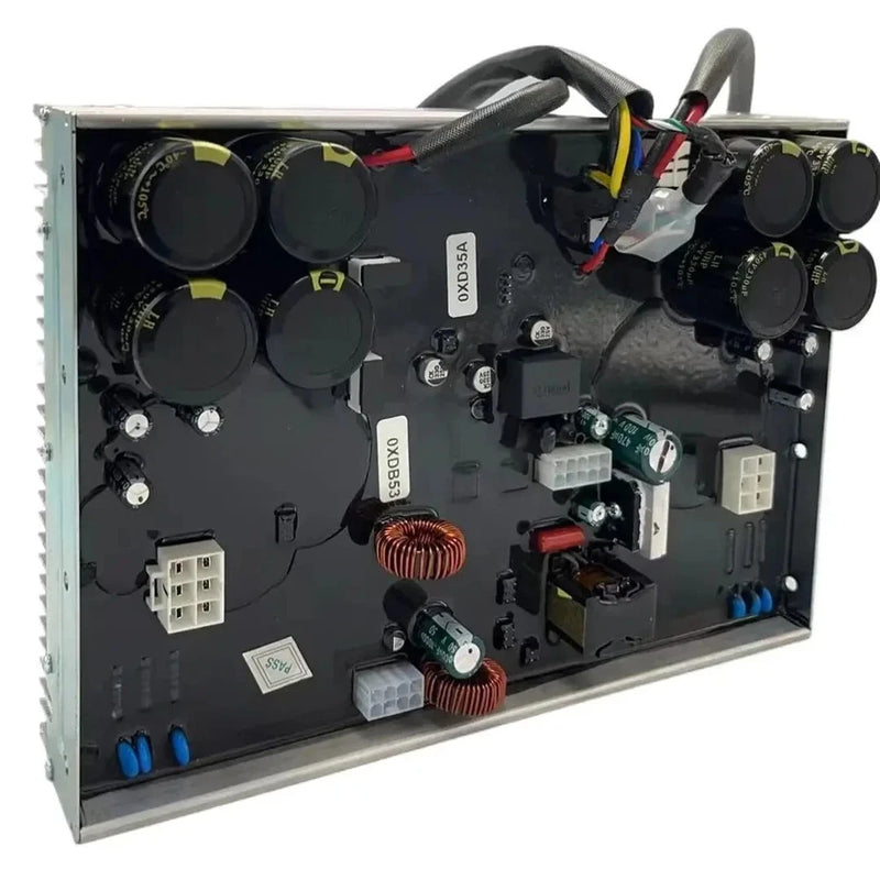 DC generator DC module circuit board with capacitors and connector plugs in metal frame