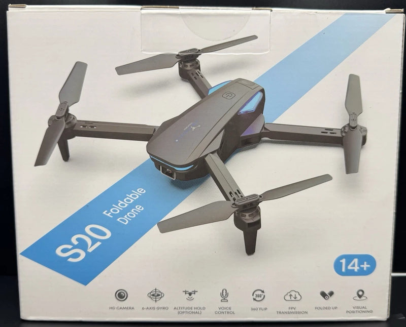Foldable S20 drone with camera, gray body, four rotors on retail box
