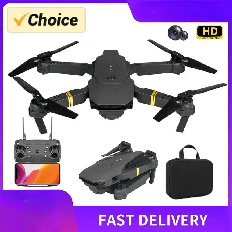 Mini drone with HD camera, black quadcopter, remote controller and carrying case