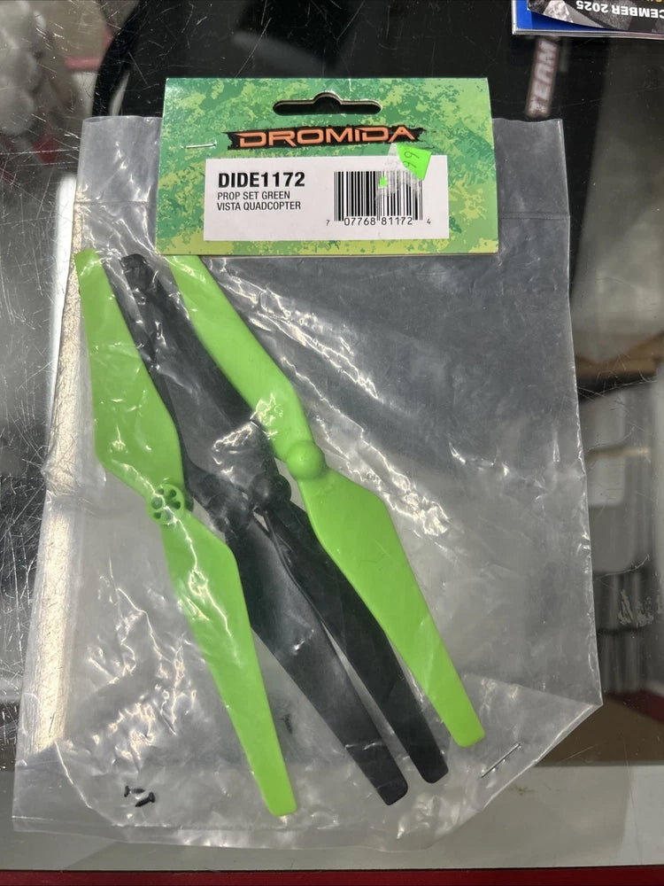 DROMIDA drone propeller set with black blades and green tips, two propellers in bag
