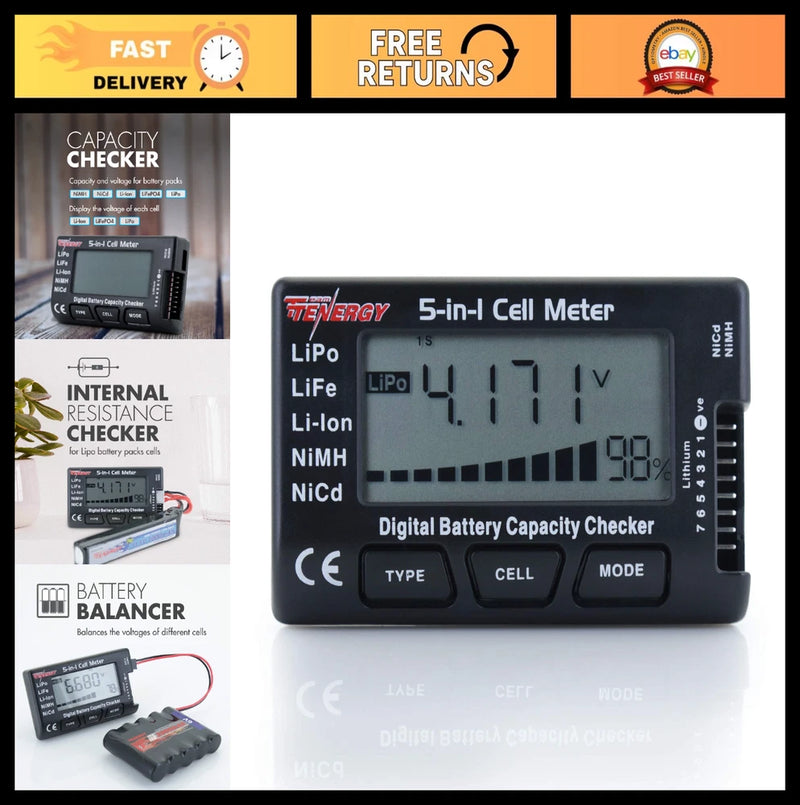 5-in-1 Digital Battery Meter Checker & Balancer for LiPo, Li-ion, NiMH, NiCd Pac Battery