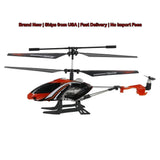 Red and black 2.4 GHz radio control helicopter with spinning main rotor