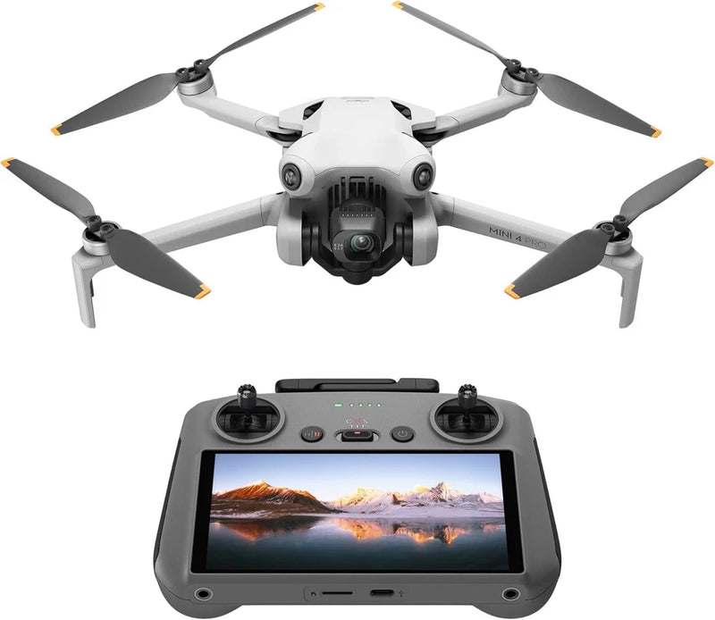 White drone with 4-blade propellers and dark RC controller with display