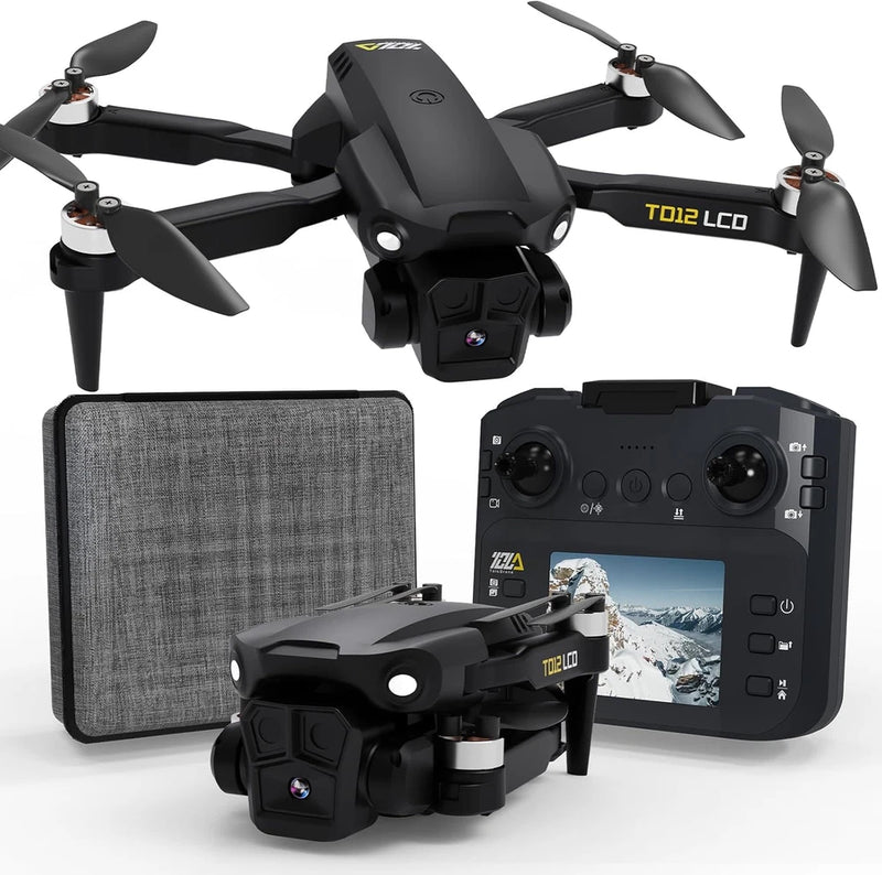 Black quadcopter drone with 4 propellers and LCD remote controller with screen