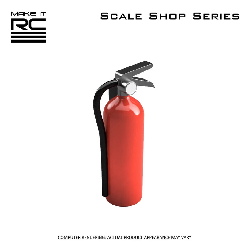 Red miniature fire extinguisher prop with black hose handle and silver nozzle