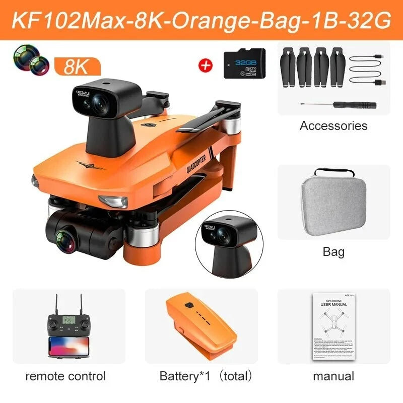 Orange 8K GPS drone with mounted camera and accessories