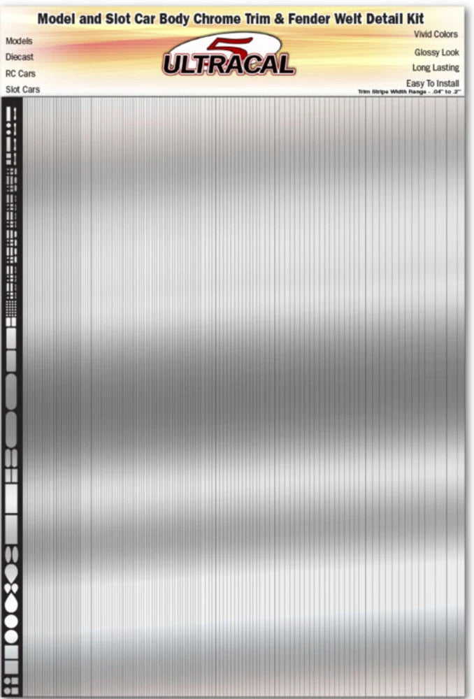 Model decal sheet with chrome trim detailing for RC cars; glossy decal stickers