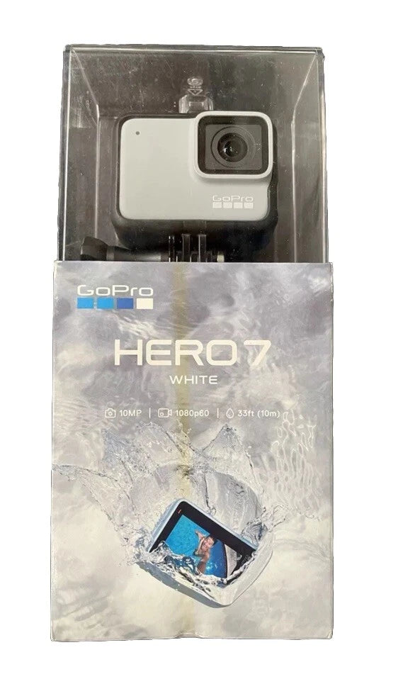 GoPro HERO7 White action camera retail box, sealed packaging with camera display